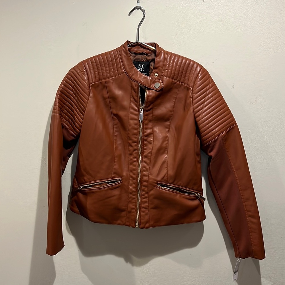NYC&Co Brown Faux leather moto jacket size small NWT